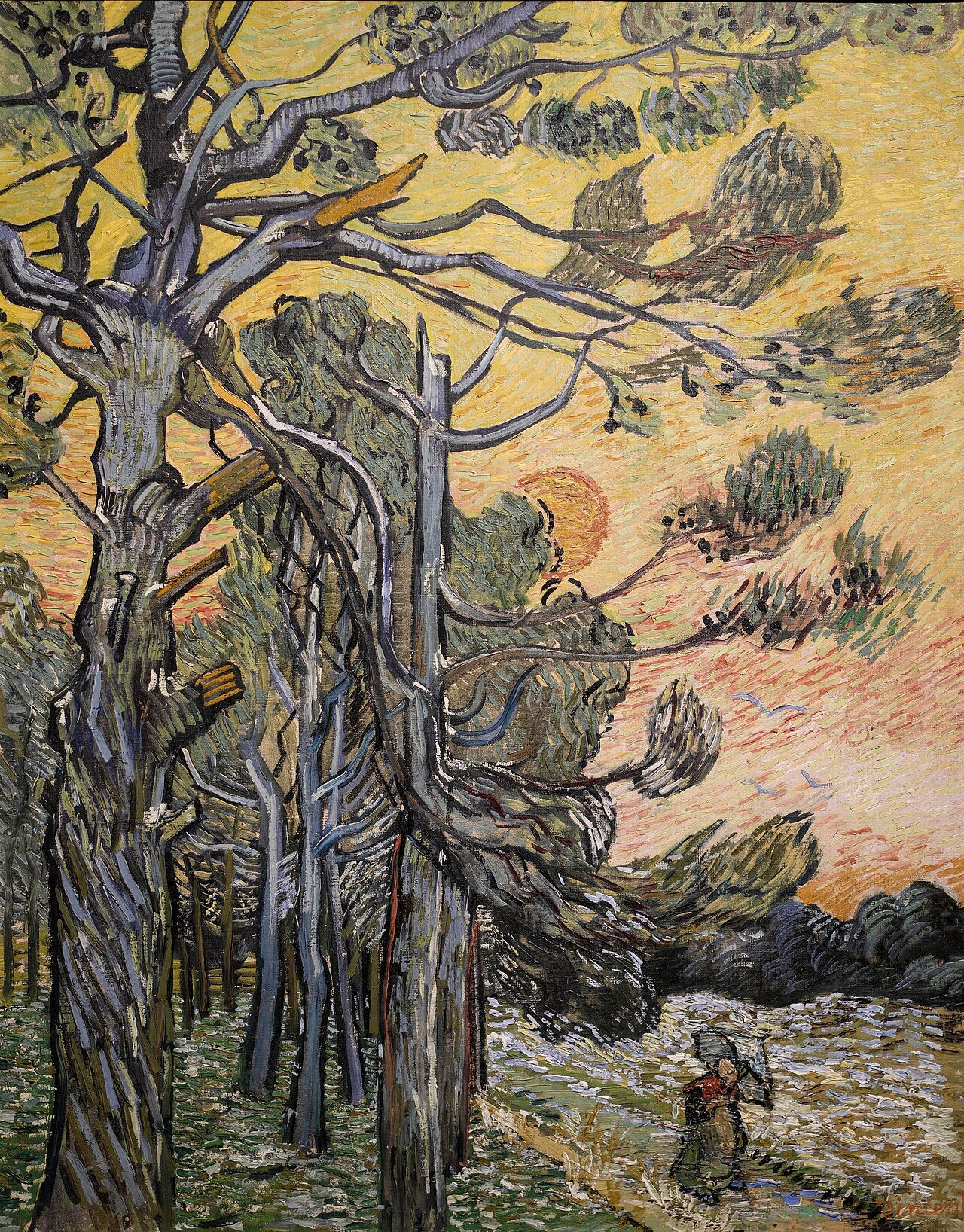 Neuloja punaisessa taivaassa auringonlaskun kanssa - Vincent van Gogh