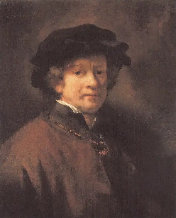 Itsepotretti mustassa beretissä ja kultaketjussa - Rembrandt