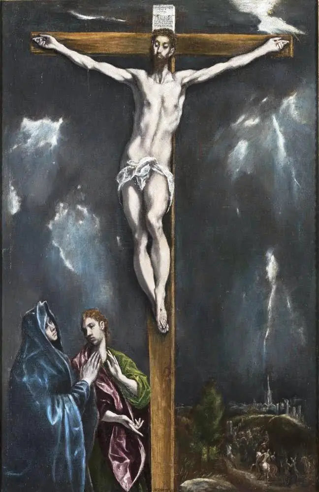 Ristiinnaulitseminen Marian neitseen ja pyhän Johanneksen evankelista kanssa - El Greco