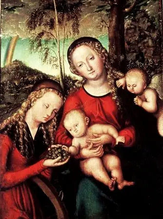 Neitsyt Jeesus-lapsen kanssa ja Pyhä Katariina Aleksandriasta - Lucas Cranach vanhempi