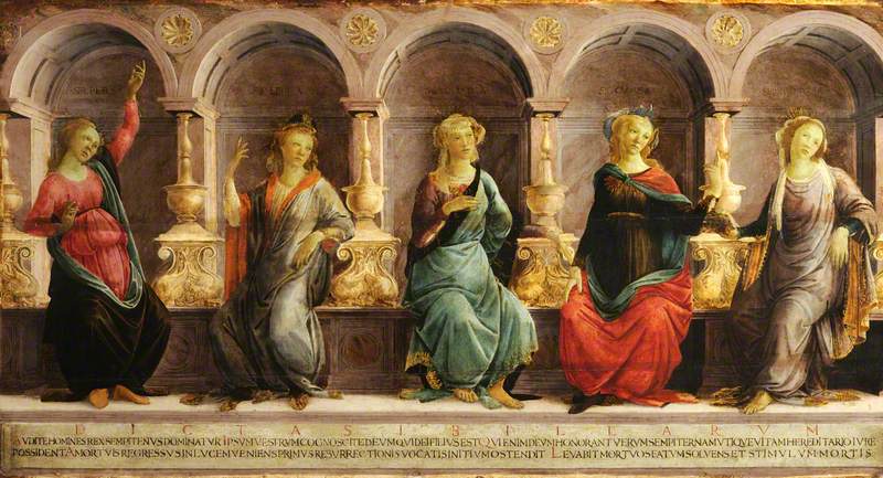 Viisi sibyllaa istumassa niiteissä: babylonialainen, libyalainen, delphiläinen, kimmerialainen ja eritrean - Sandro Botticelli