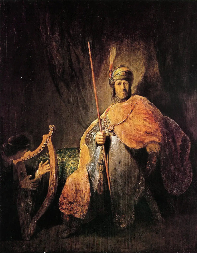 Daavid soittaa harppua Saulin edessä - Rembrandt