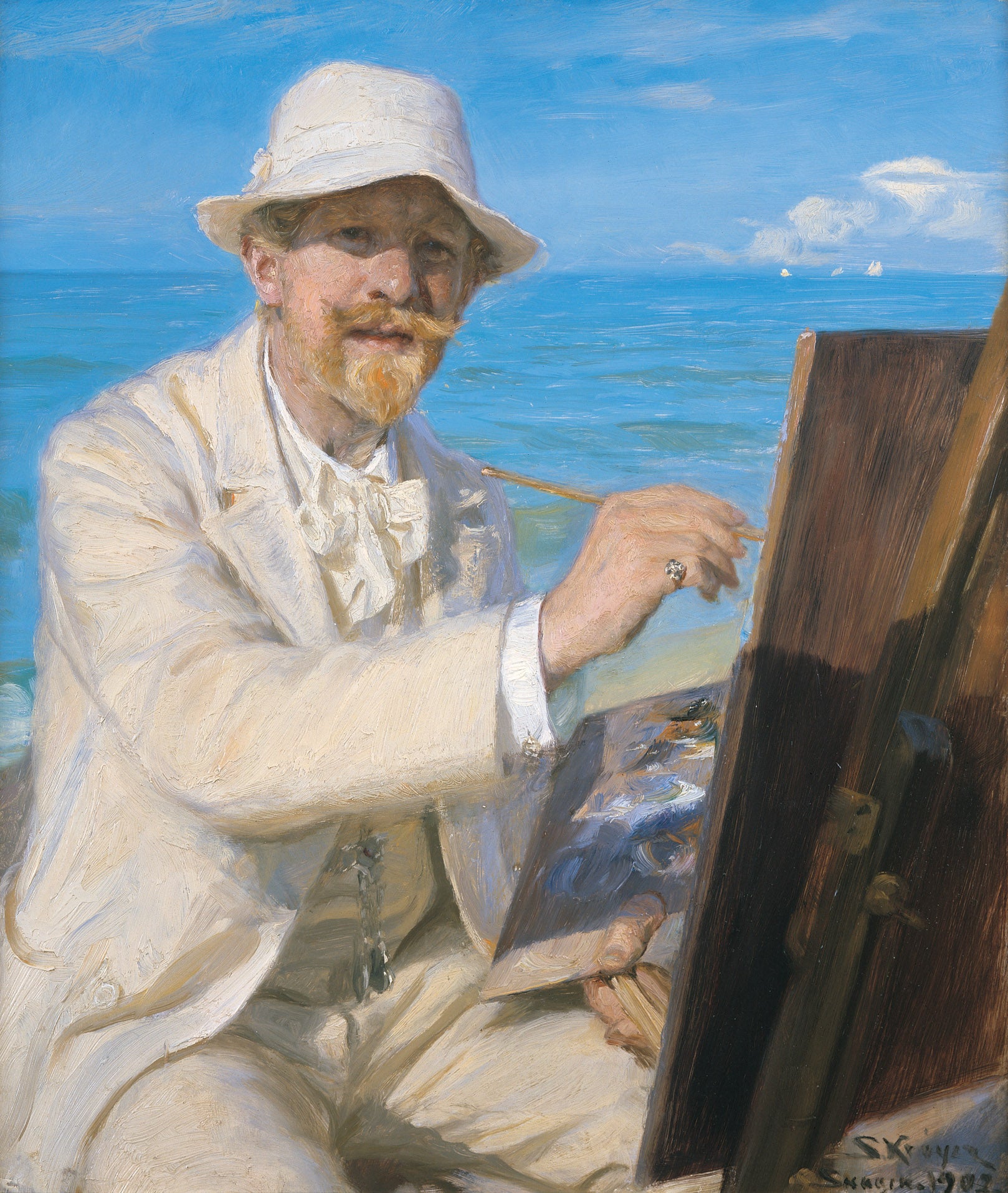 Itseportraiitti, istuen maalaustelineensä vieressä Skagenin rannalla - Peder Severin Krøyer