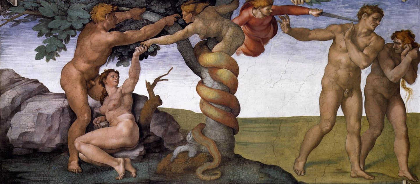 Alkuperäinen synti ja karkotus paratiisista – Michelangelo (1508–1512)
