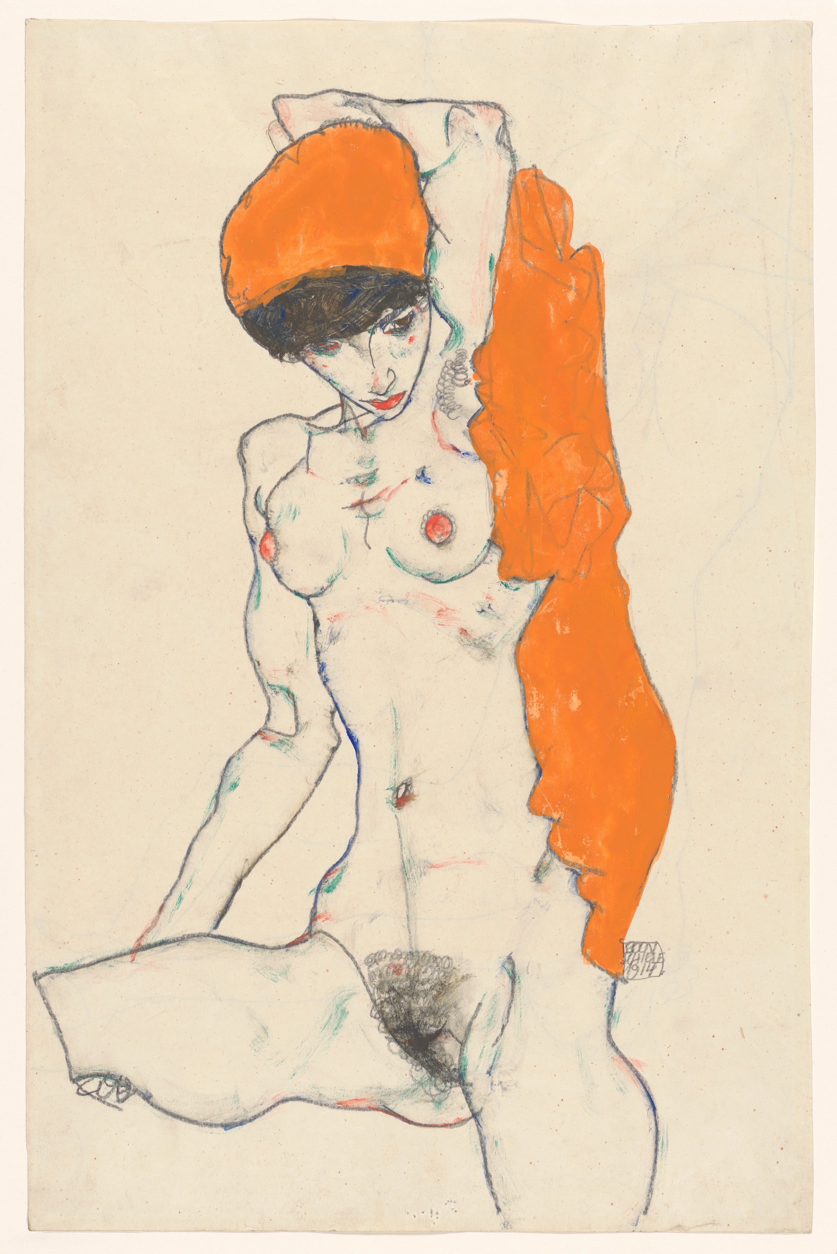 Reproduction du tableau « Nu debout avec drapé orange - Egon Schiele » par Alpha Reproduction en peinture à l’huile