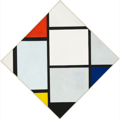 Reproduction du tableau « Tableau n° IV ; Composition en losange avec du rouge, du gris, du bleu, du jaune et du noir - Piet Mondrian » par Alpha Reproduction en peinture à l’huile