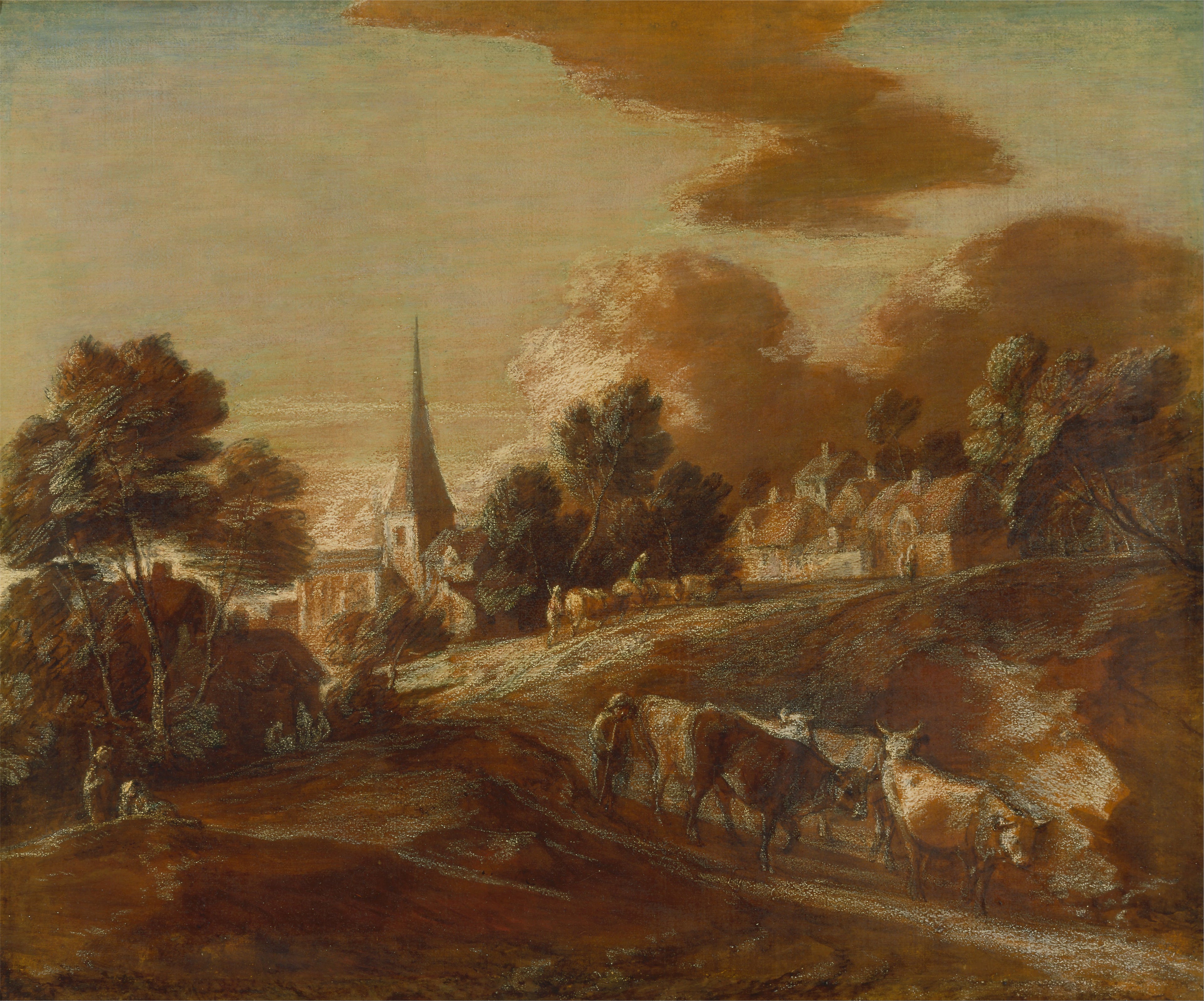 Un village boisé imaginaire avec des bouviers et du bétail - Thomas Gainsborough