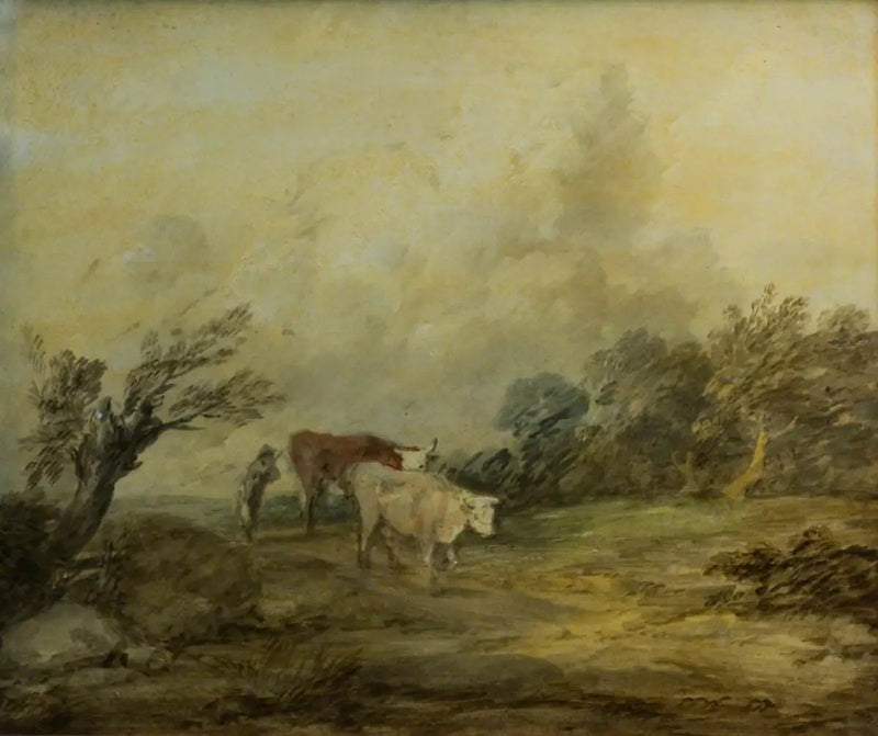 Maisemakuva, jossa maanviljelijä ajaa lehmiä - Thomas Gainsborough