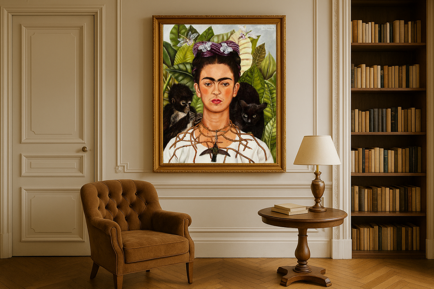 Omakuva piikkikaulakorun ja kolibrin kanssa – Frida Kahlo (1940)