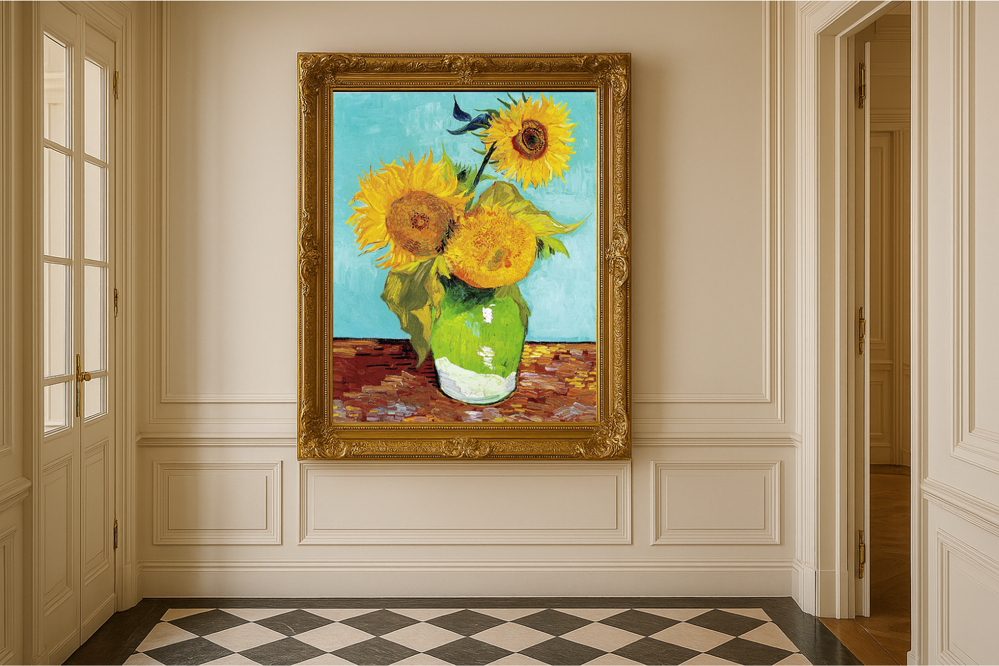 🌻 Auringonkukat (turkoosi tausta) – Vincent van Gogh (1888)