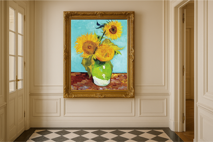 🌻 Auringonkukat (turkoosi tausta) – Vincent van Gogh (1888)