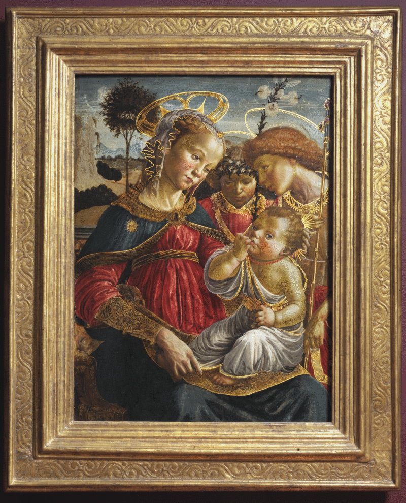 Neitsyt, pyhä Johannes Kastaja ja enkeli, joka palvoo Jeesus-lasta - Sandro Botticelli