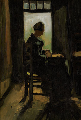 Maatilatar istuu avoimen oven edessä kuorimassa perunoita - Vincent van Gogh