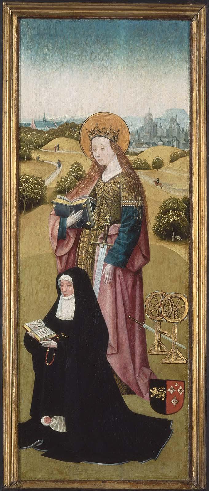 Heilwich van der Rullen ja hänen tyttärensä Pyhän Maria Magdalenan kanssa (ulkopuoli); Hendrixke van Langhel ja hänen kuollut lapsensa Pyhän Katariinan kanssa (sisäpuoli) - Hieronymus Bosch