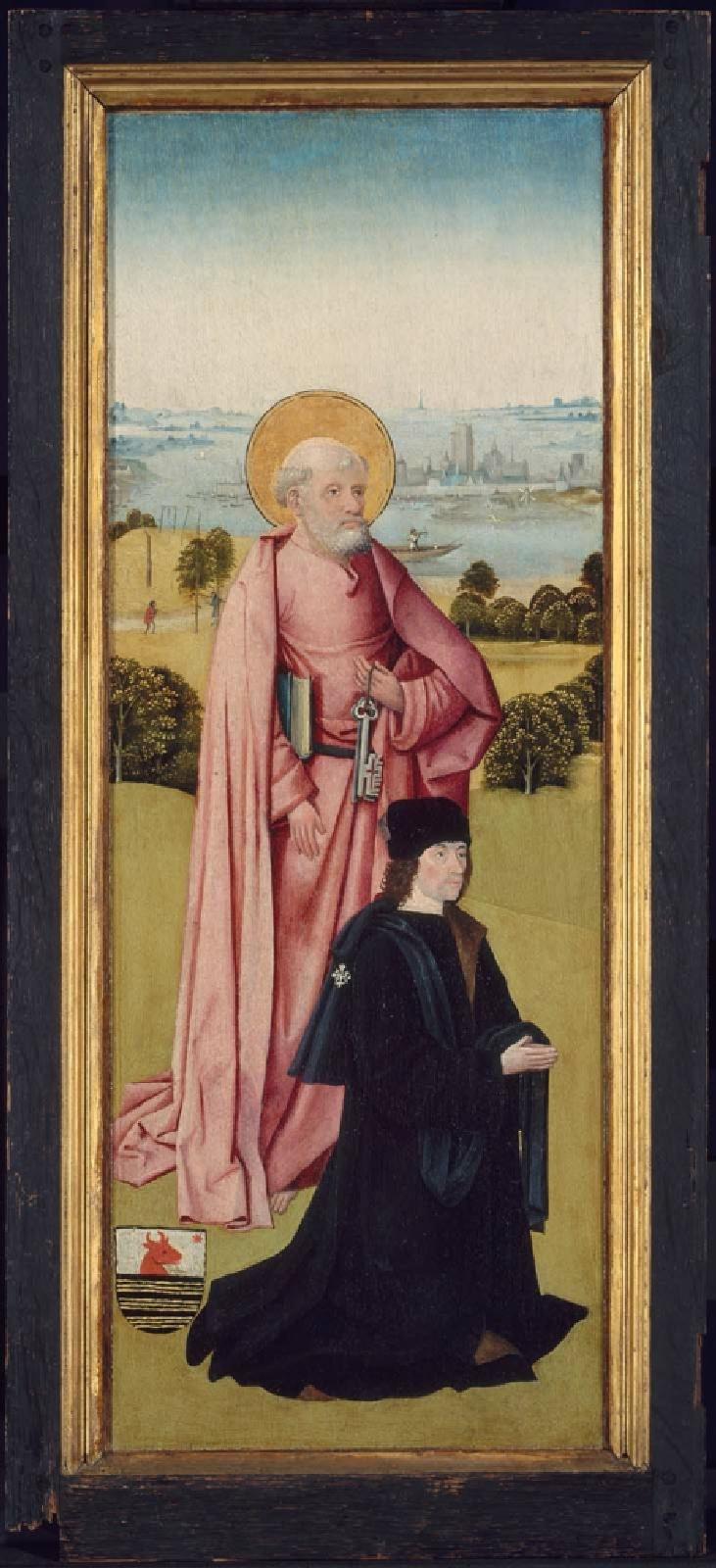 Franco van Langhel ja hänen poikansa Pyhän Johannes Kastajan kanssa (ulkopuoli); Pieter van Os Pyhän Pietarin kanssa (sisäpuoli) - Hieronymus Bosch