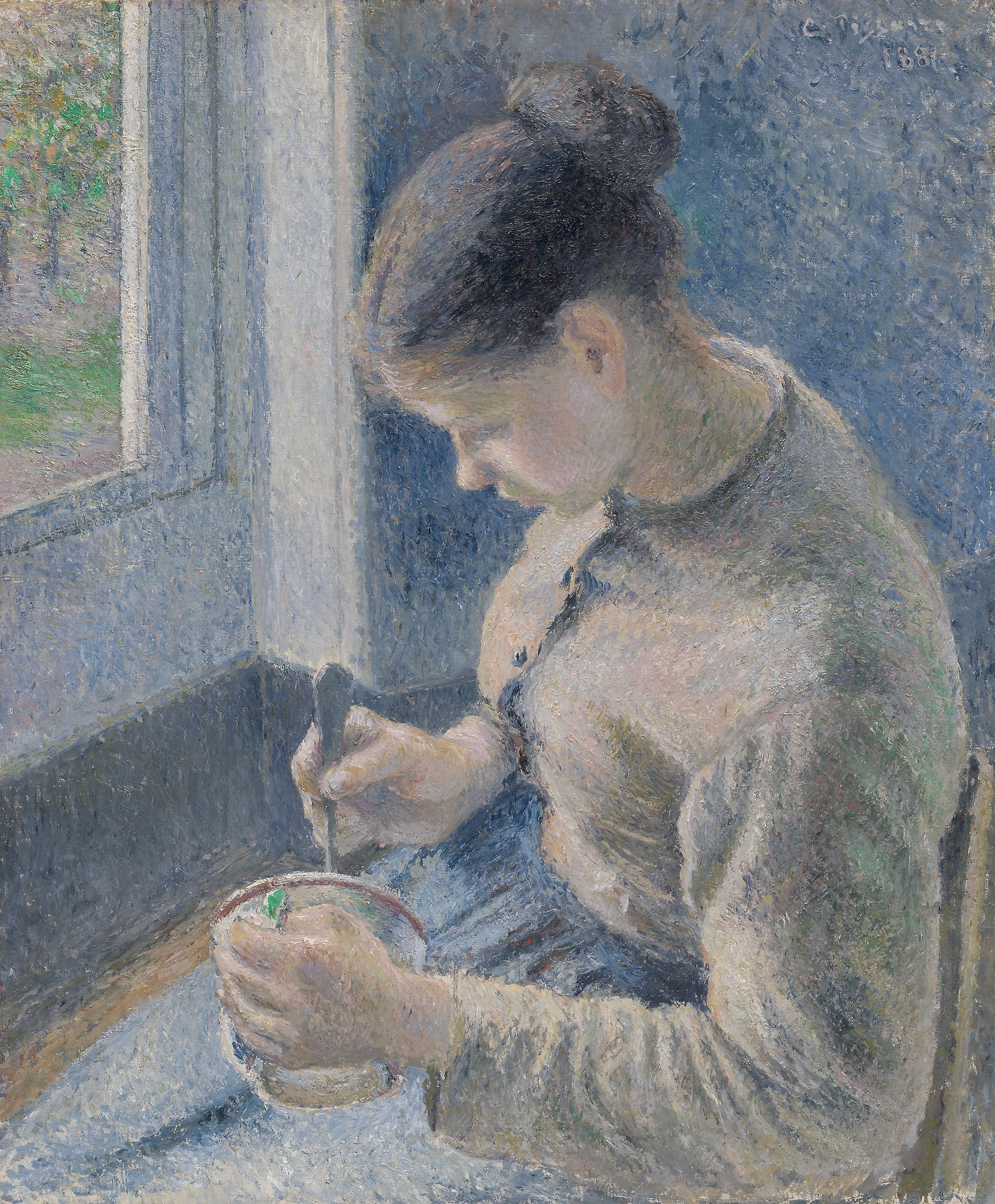 Reproduction du tableau « Jeune paysanne prenant son café - Camille Pissarro » par Alpha Reproduction en peinture à l’huile