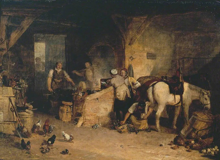 Maaseudun musta seppä kiistelee raudan hinnasta ja hinnasta, jonka teurastaja maksaa ponin kengittämisestä - J. M. W. Turner