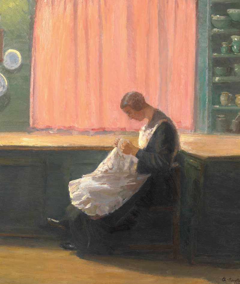 Päivän päätteeksi. Nuori tyttö ompelemassa. - Anna Ancher