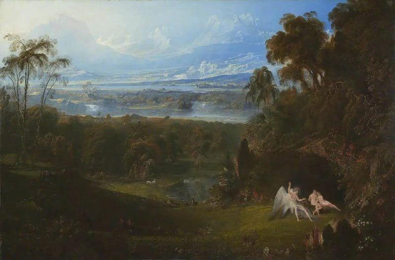 Adam ja Ève viihdyttävät enkelin Raphaël - John Martin
