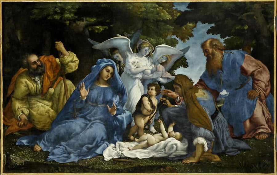 L'Adoration de l'Enfant Jésus avec la Vierge, saint Joseph, le petit saint Jean Baptiste, sainte Élisabeth, saint Zacharie et trois anges ou La Reconnaissance de la nature divine du Christ - Lorenzo Lotto