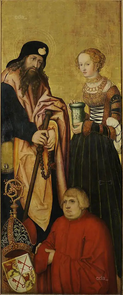 Siivet Naumbourgin katedraalin lännen alttaritaulun [sisäpuoli] : apostoli Jaakko vanha ja pyhä Maria Magdaleena, piispa Johannes III Schönbergin kanssa (1492-1517) lahjoittajana [intérieur] - Lucas Cranach vanhempi