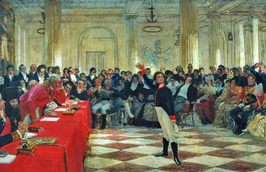 Alexandre Sergueïevitch Pouchkine lausuu runoaan Gavrila Derjaviniä vastaan Tsarskoje Selo'n lukion kokeessa 8. tammikuuta 1815. - Ilya Repin