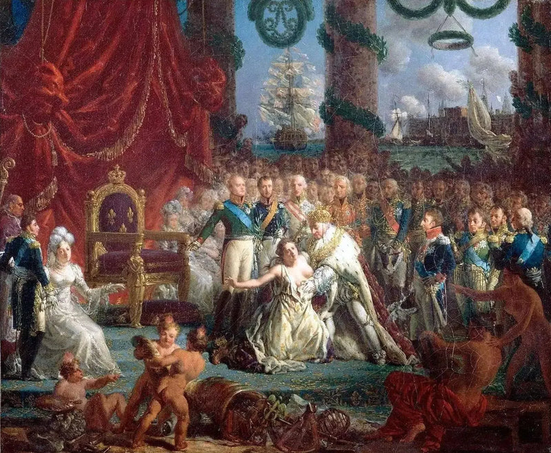 Bourbonien paluun allegoria 24. huhtikuuta 1814: Ludvig XVIII palauttaa Ranskan raunioistaan. - Louis-Philippe Crépin