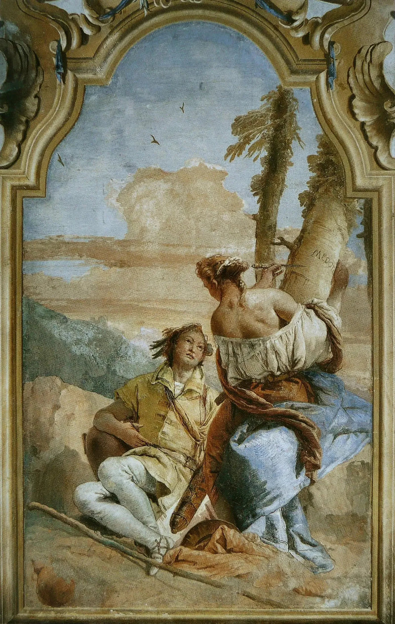 Angelica kirjoittaa Medoro-nimen puuhun - Giovanni Battista Tiepolo