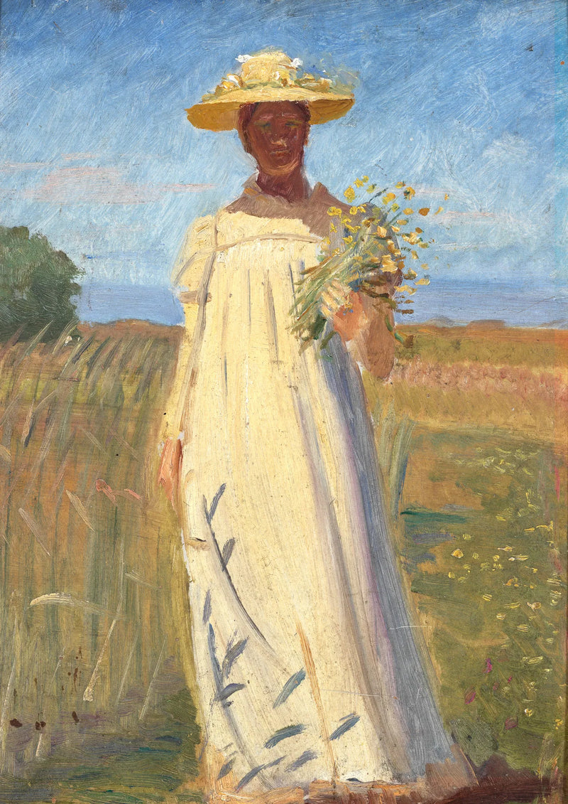 Anna Ancher palaamassa kentältä. Luonnos. -Michael Peter Ancher