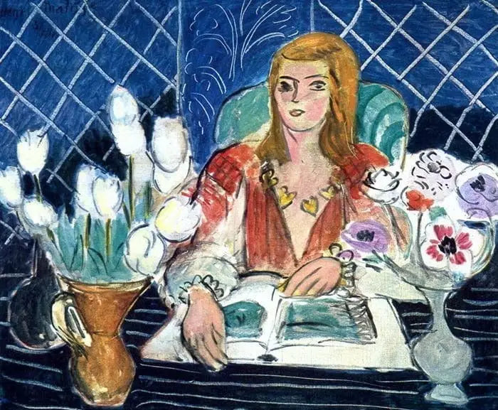 Annelies, valkoiset tulppaanit ja anemonit - Henri Matisse