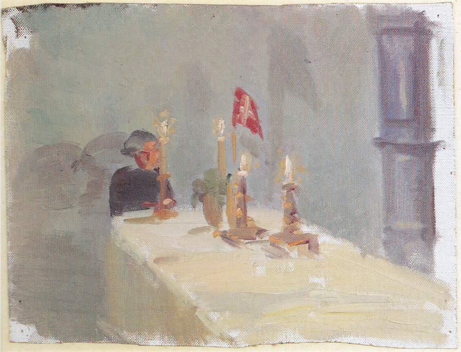 Syntymäpäivä. Nainen pöydän päässä kynttilöiden ja lipun kanssa. - Anna Ancher