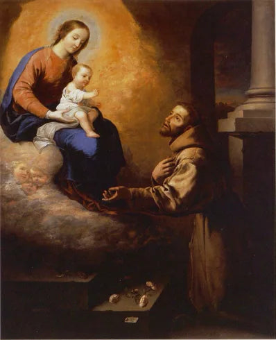 Neitsyt Marian ja Jeesus-lapsen ilmestyminen Pyhälle Fransiskukselle Portionculella - Francisco de Zurbarán