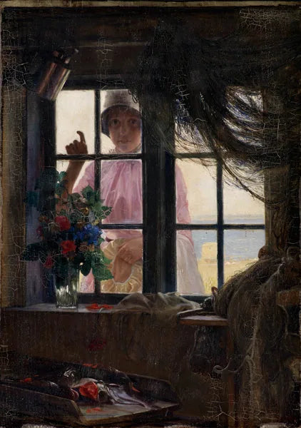 Pesun jälkeen. Nuori tyttö koputtaa kalastajan ikkunaan. - Carl Heinrich Bloch