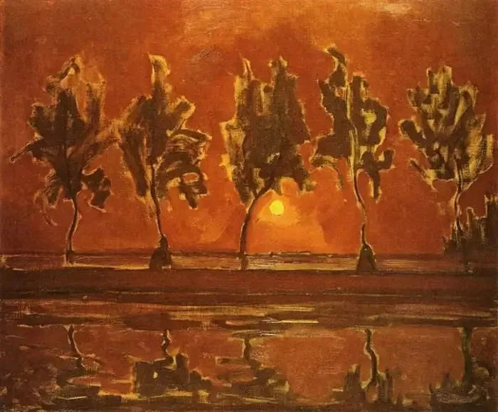 Puita Geinin lähellä kuun nousussa - Piet Mondrian