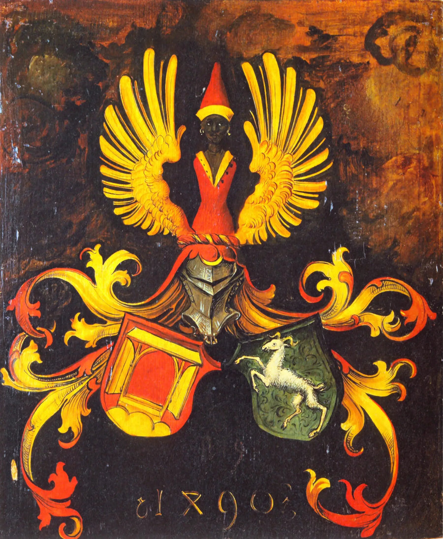 Dürer ja Holper -perheiden avioliittoheraldikka. Albrecht Dürer vanhemman muotokuvan takapuoli. - Albrecht Dürer