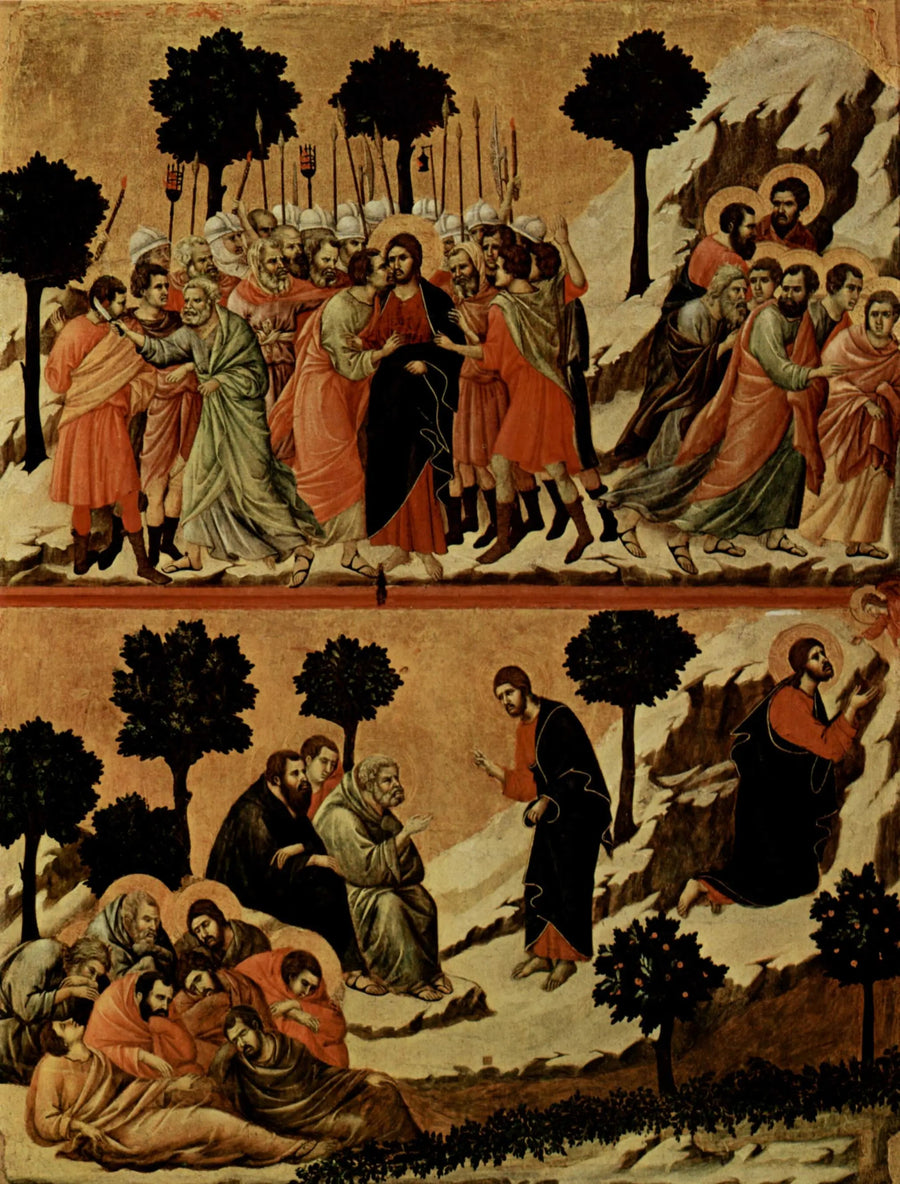 Jeesuksen pidätys (ylhäällä) ; Agonia puutarhassa (alhaalla) - Duccio di Buoninsegna