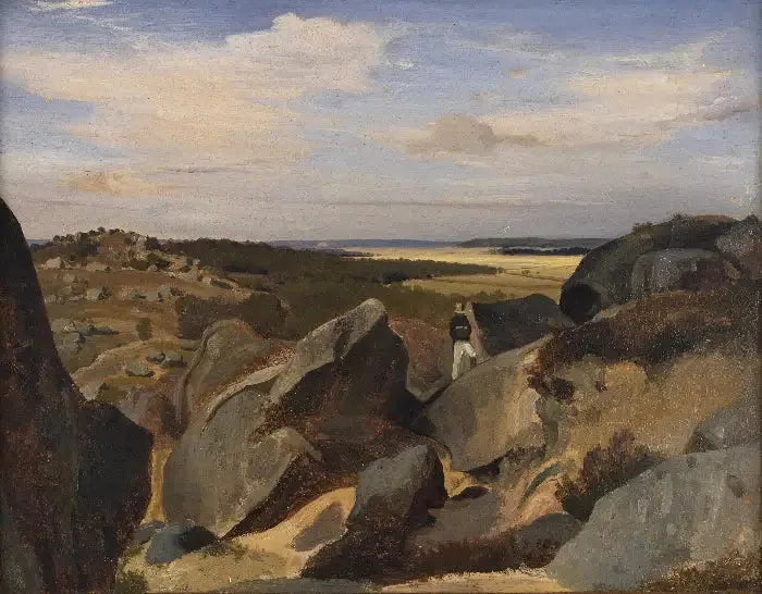 Taiteilija kävelee kalliokaaressa Fontainebleaussa - Jean-Baptiste Camille Corot