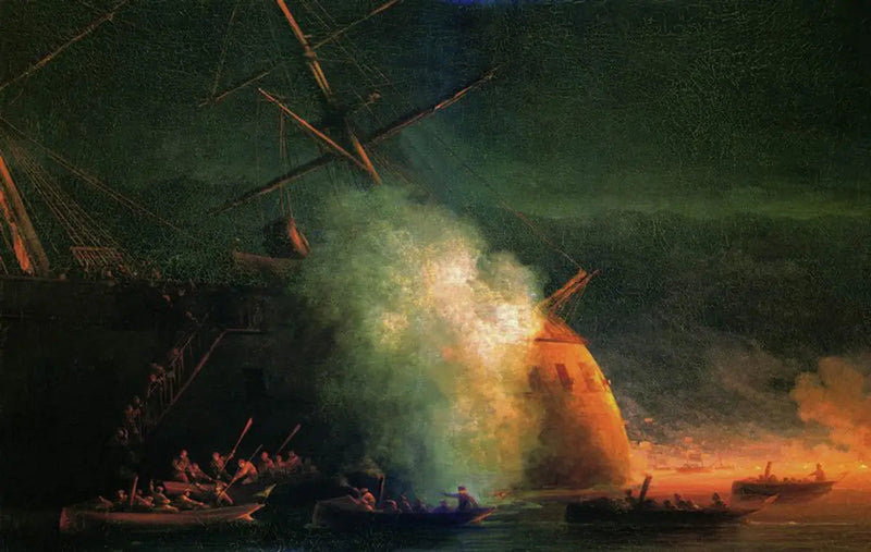 Kaivoksen hyökkäys turkkilaisen panssarilaivan Assari-Shevketin laivojen aluksilta Soukhoumin lahdella 12. elokuuta 1877 - Ivan Aïvazovski