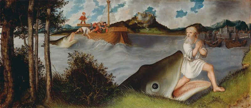 Autel de la Madeleine : Jonas et la baleine [prédelle] - Lucas Cranach vanha-äidin kuori