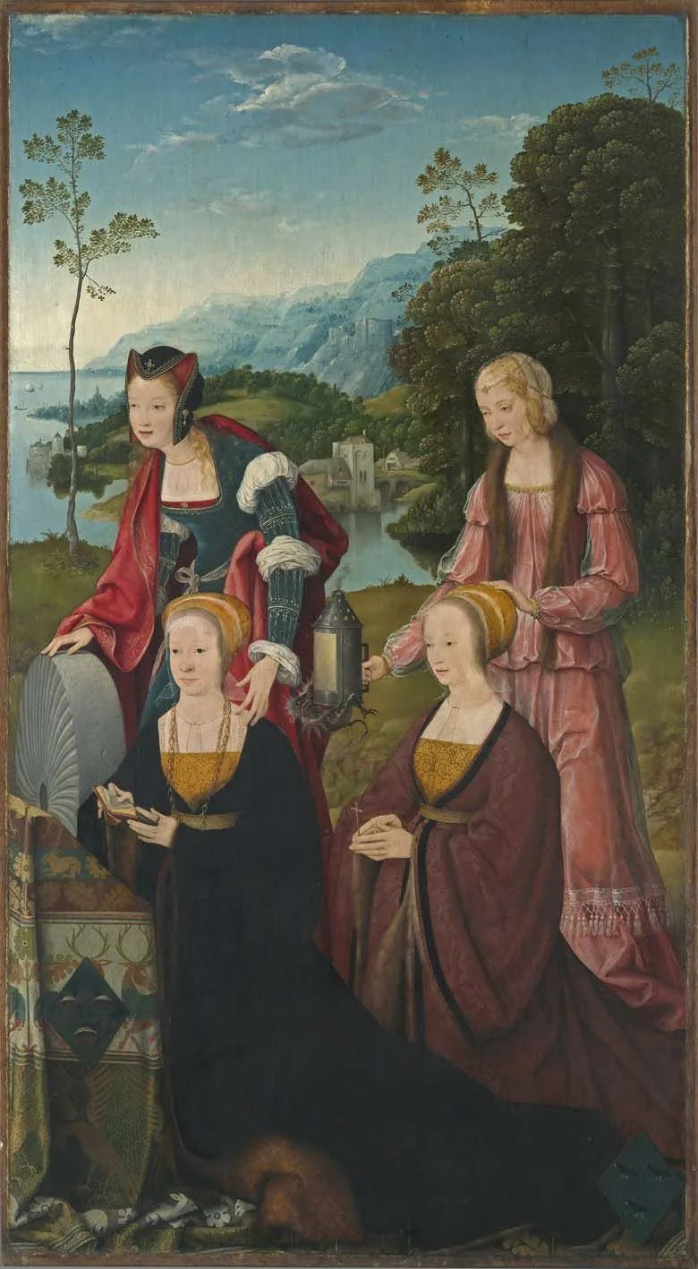 Autel de Marientod : Saintes Christine et Gudule avec les donatrices Christine et Sibilla Hackeney derrière ; à l’extérieur : Saints Sébastien et Roch - Joos van Cleve