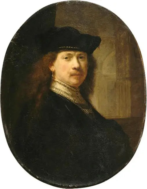 Itseportraiitti hattu päässä arkkitehtuurin taustalla - Rembrandt