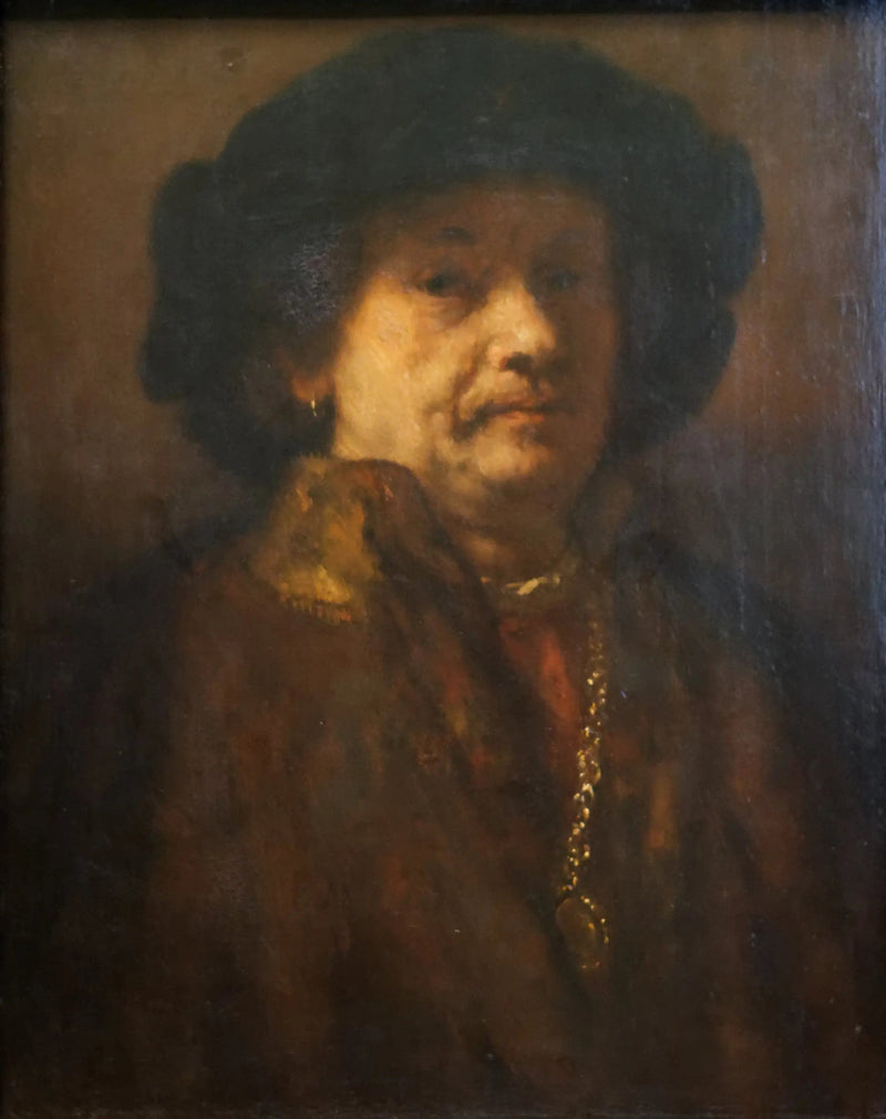 Itsepotretti mustassa beretissä ja kultaketjussa - Rembrandt