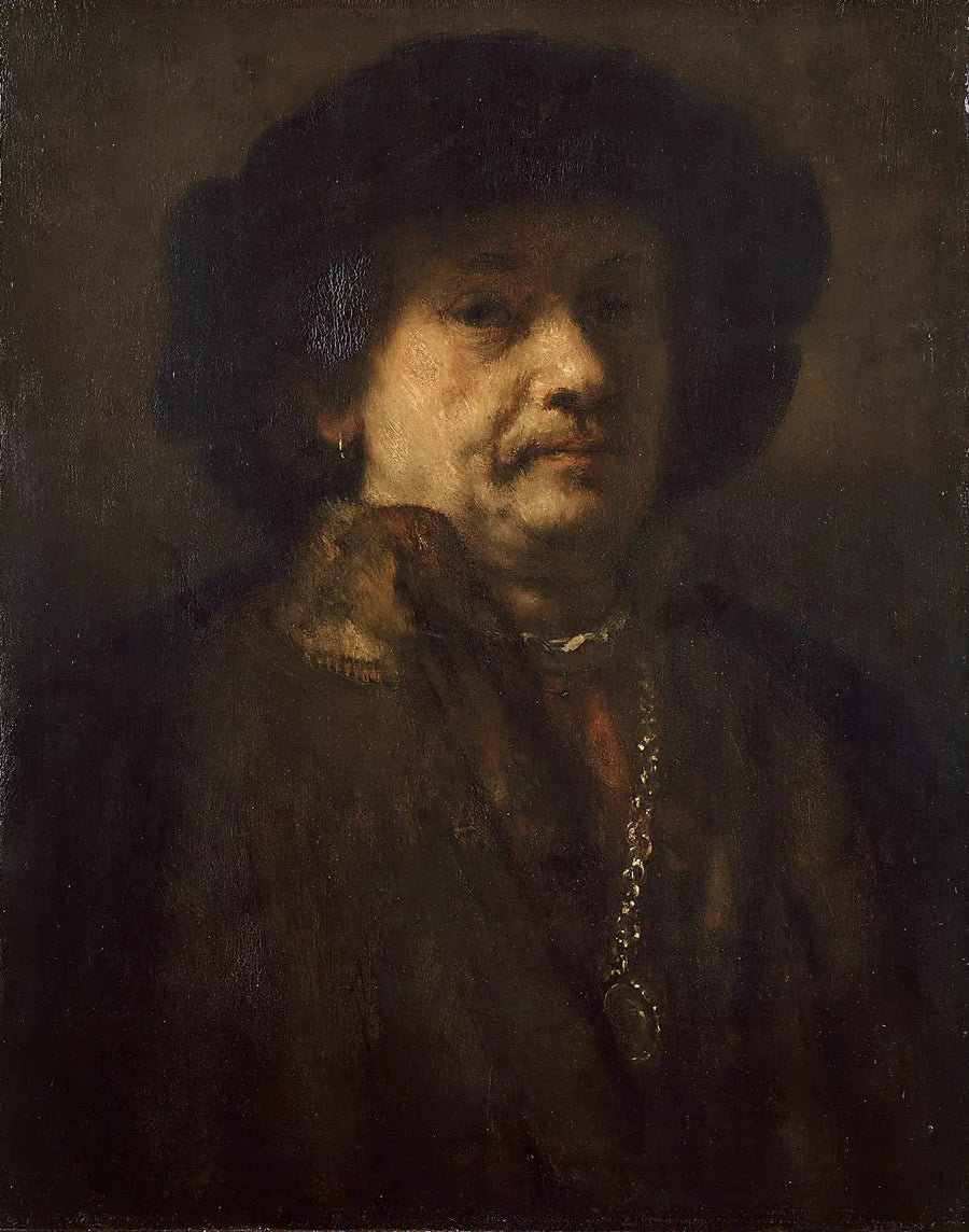 Itsepotretti mustassa beretissä ja kultaketjussa - Rembrandt