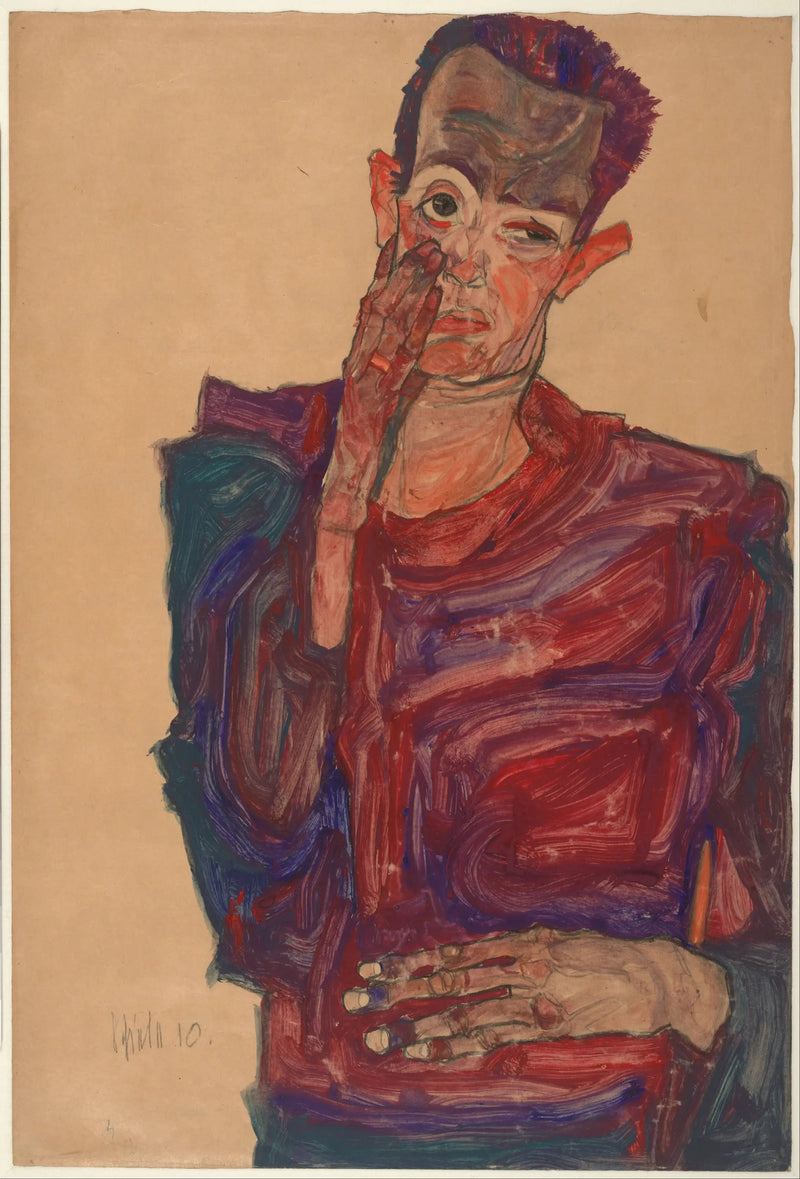 Itsepotretti alaspäin katsovalla silmäluomella - Egon Schiele