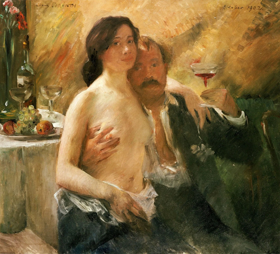 Omakuva vaimonsa Charlotte Berend-Corinthin ja lasillisen sektiä kanssa - Lovis Corinth