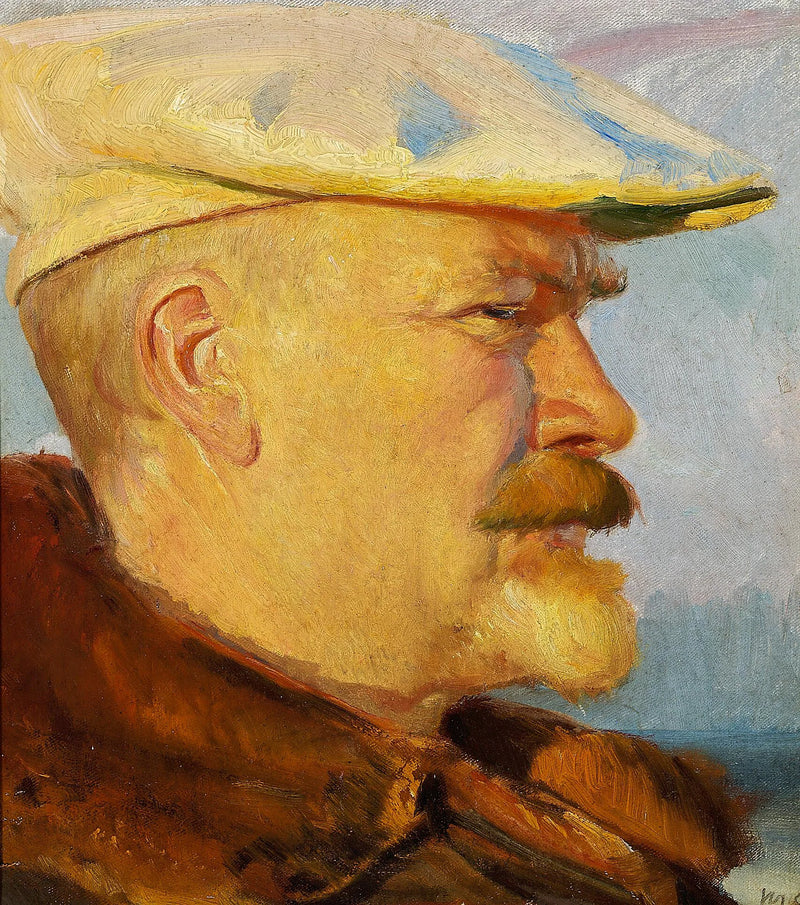 Omakuva valkoisella maalarinhatulla auringonlaskun aikaan. - Michael Peter Ancher