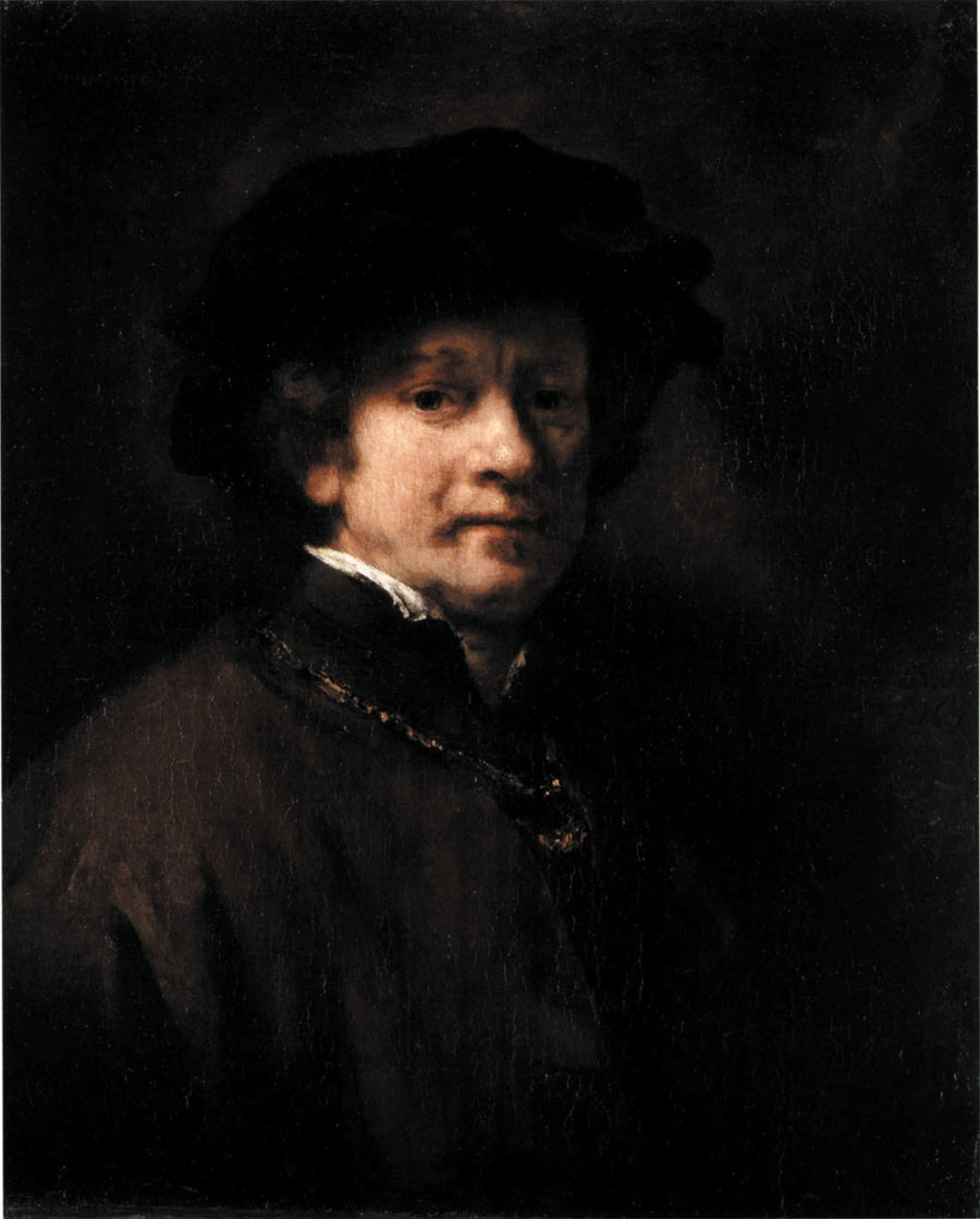 Itsepotretti mustassa beretissä ja kultaketjussa - Rembrandt
