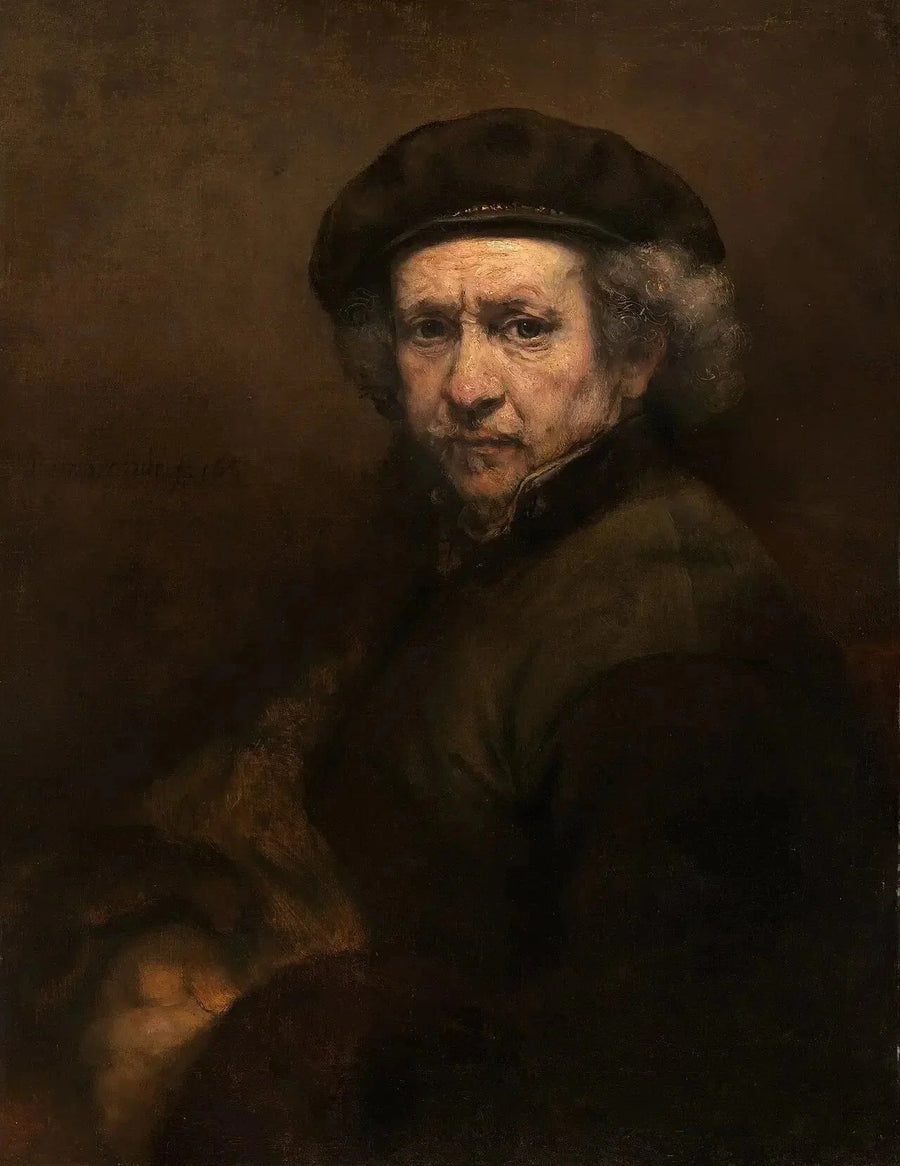 Itsepotretti beretilla ja suoralinjaisella kauluksella - Rembrandt