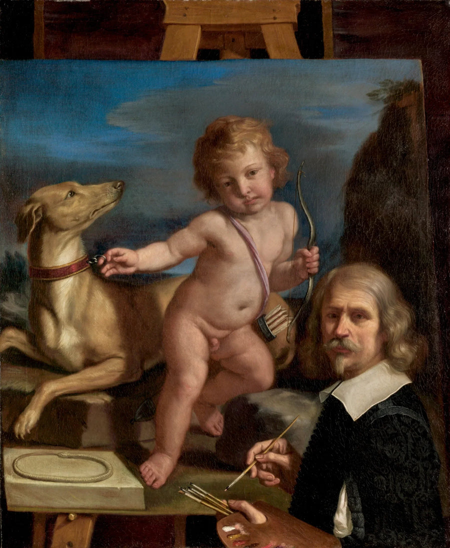 Itsekuva itsensä edessä taulua, jossa on "Amor Fedele" - Guercino