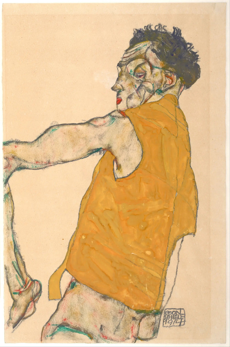 Itsepotretti keltaisessa liivissä - Egon Schiele